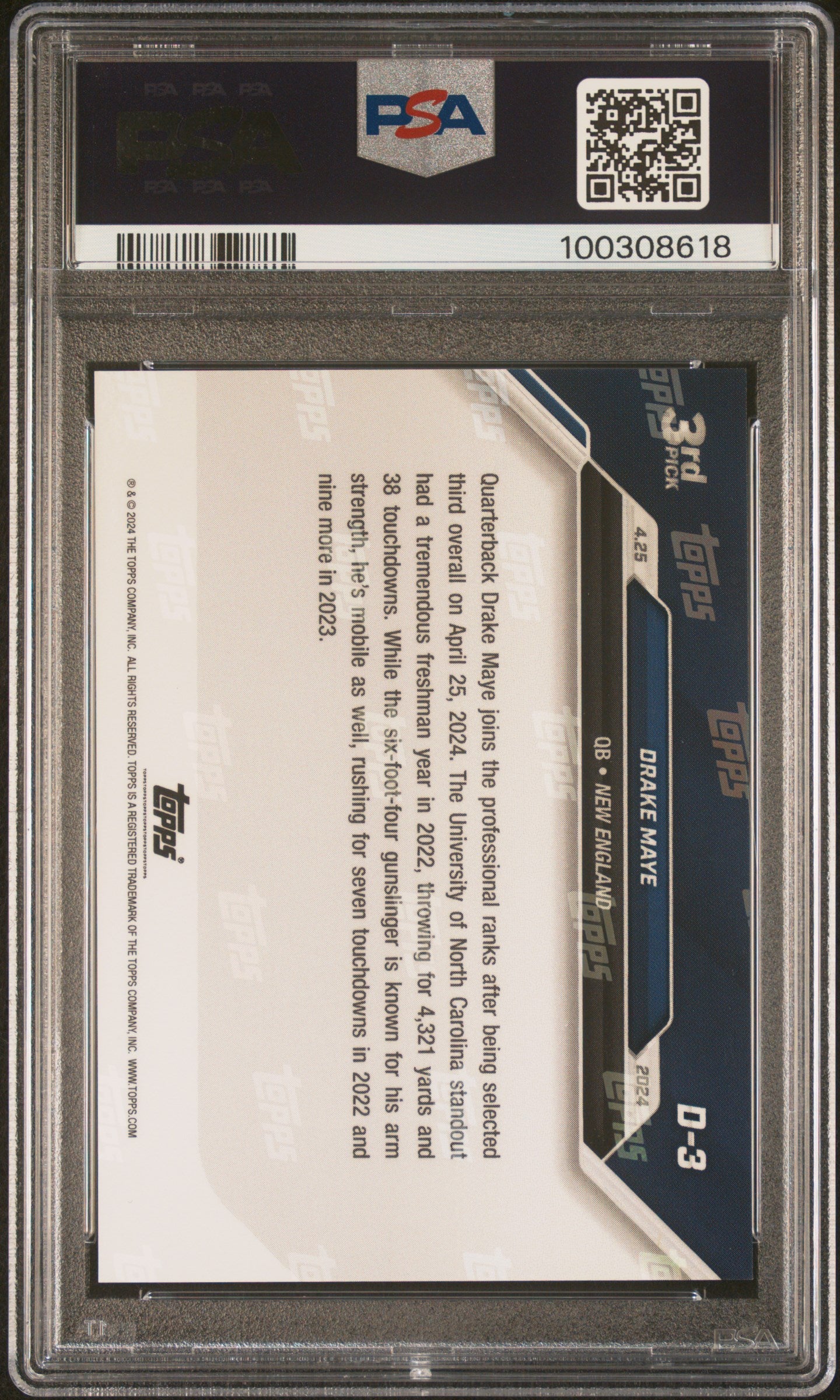 Drake Maye 2024 Topps Now NFL Draft Football Rookie Card #D3 Graded PSA 10 Cert #100308618-Powers Sports Memorabilia
