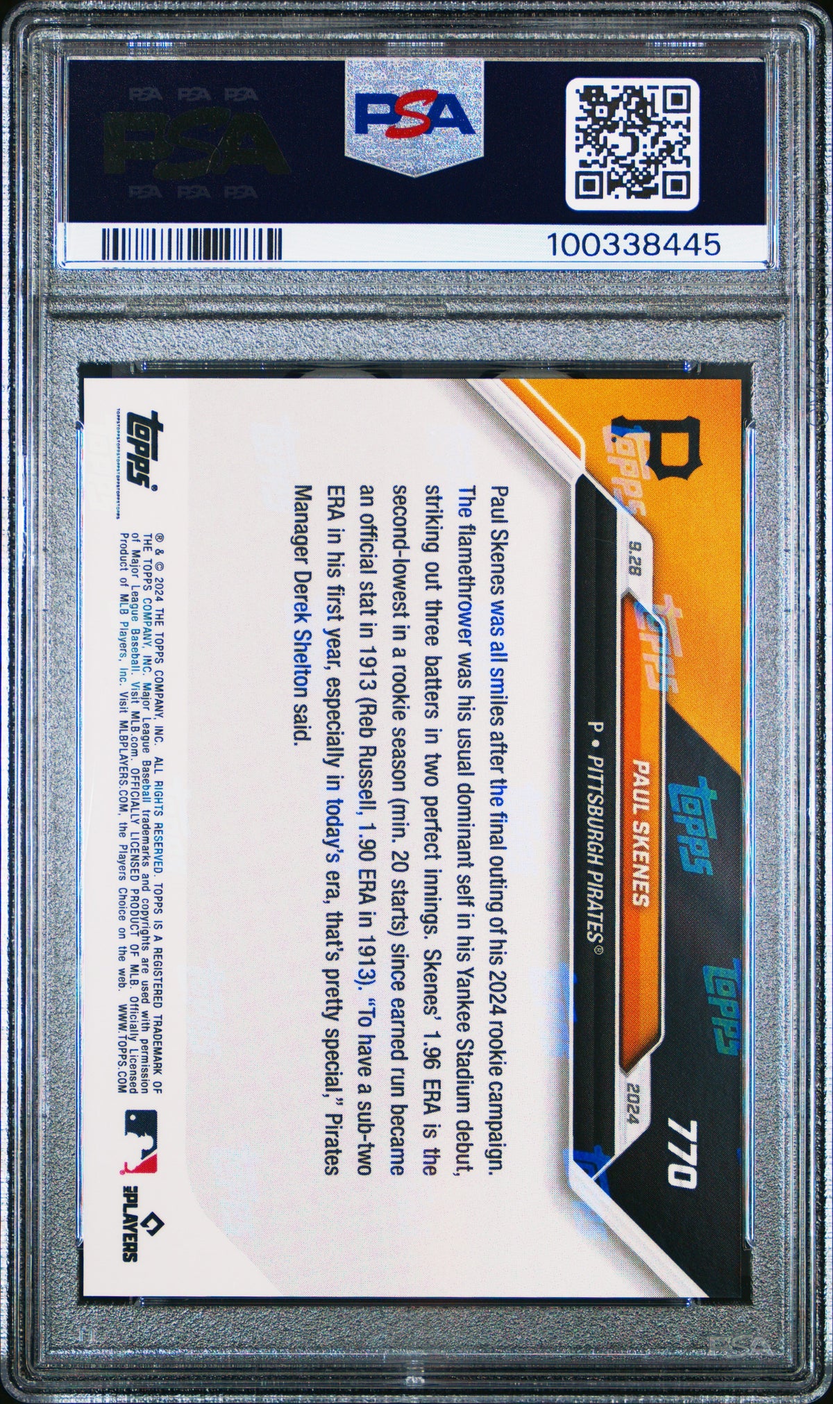 Paul Skenes 2024 Topps Now All Star Game Baseball Rookie Card #770 Graded PSA 10 Cert #100338445-Powers Sports Memorabilia