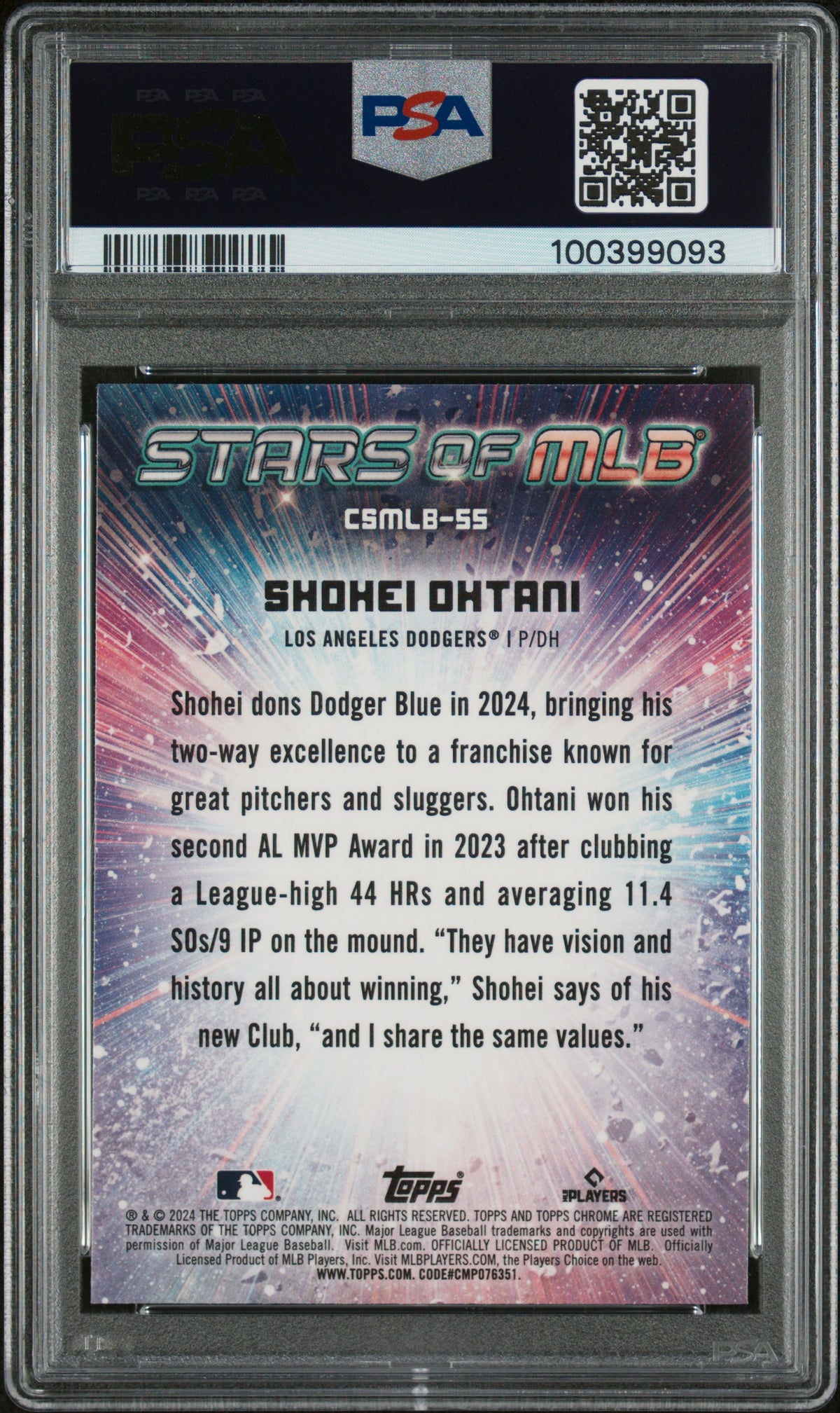 Shohei Ohtani 2024 Topps Chrome Stars of MLB Baseball Card #CSMLB55 Graded PSA 10 Cert # 100399093