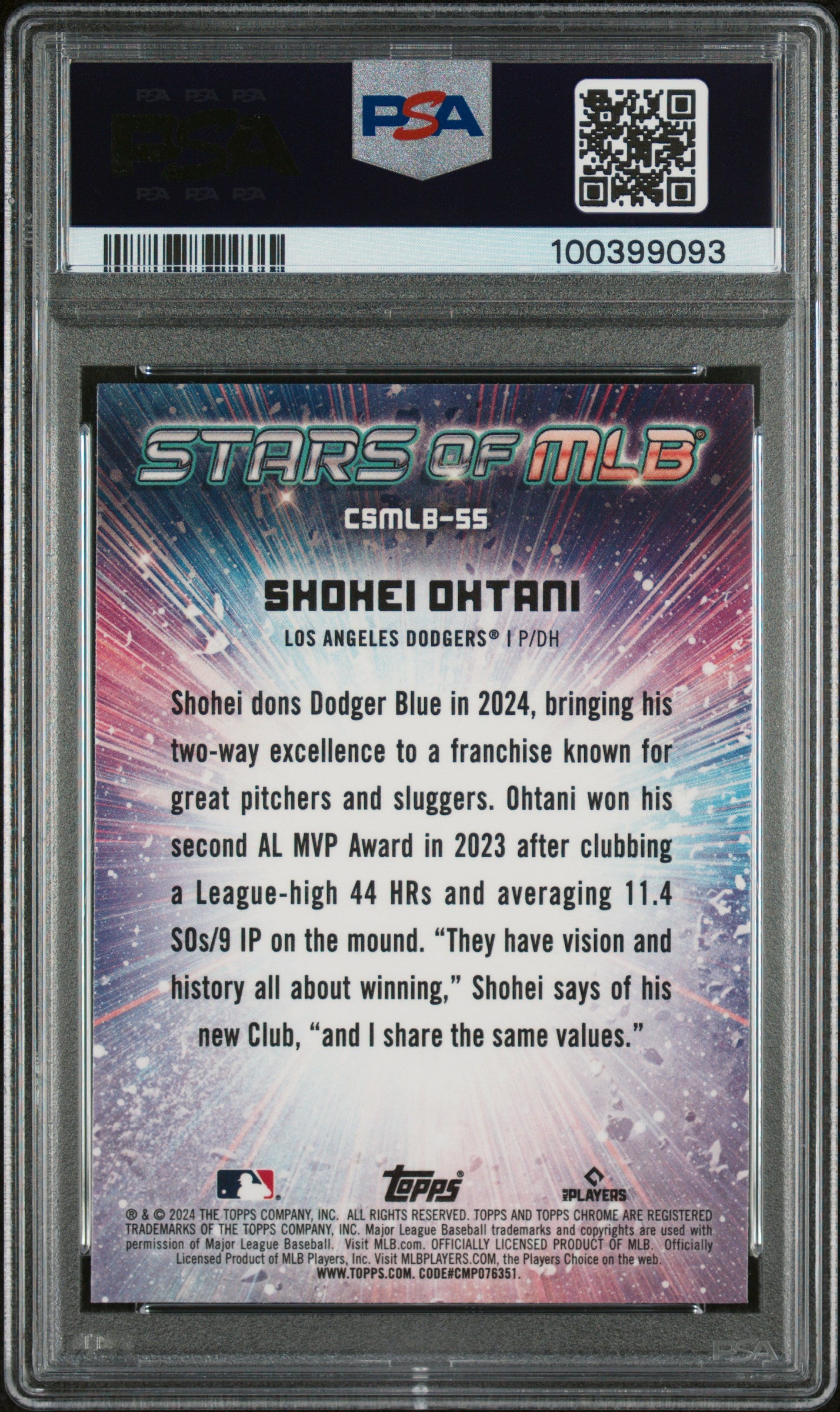 Shohei Ohtani 2024 Topps Chrome Stars of MLB Baseball Card #CSMLB55 Graded PSA 10 Cert # 100399093