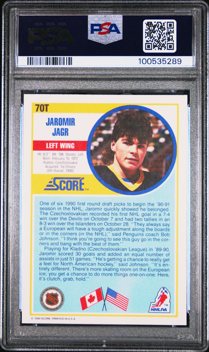 Jaromir Jagr 1990 Score R/T Pittsburgh Penguins Hockey Rookie Card RC #70T Graded PSA 10 Cert #100535289-Powers Sports Memorabilia
