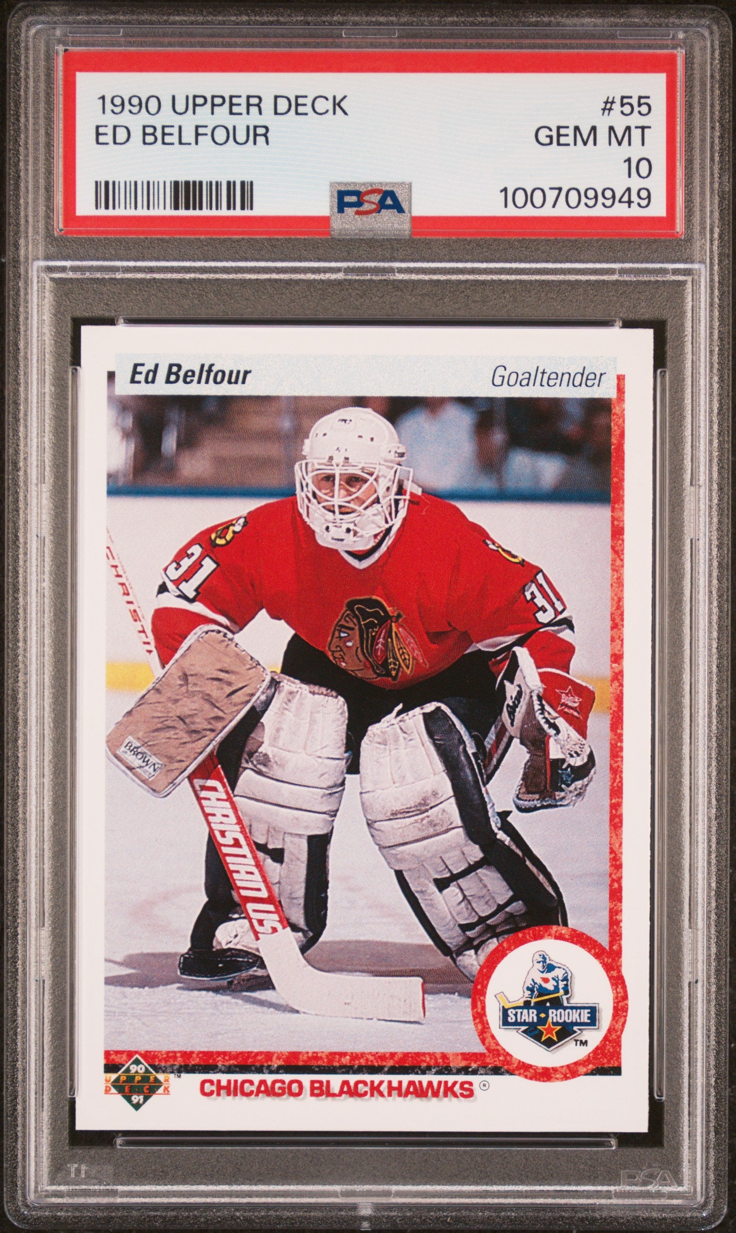 Ed Belfour 1990 Upper Deck Chicago Blackhawks Hockey Rookie Card RC #55 Graded PSA 10 Cert #100709949-Powers Sports Memorabilia