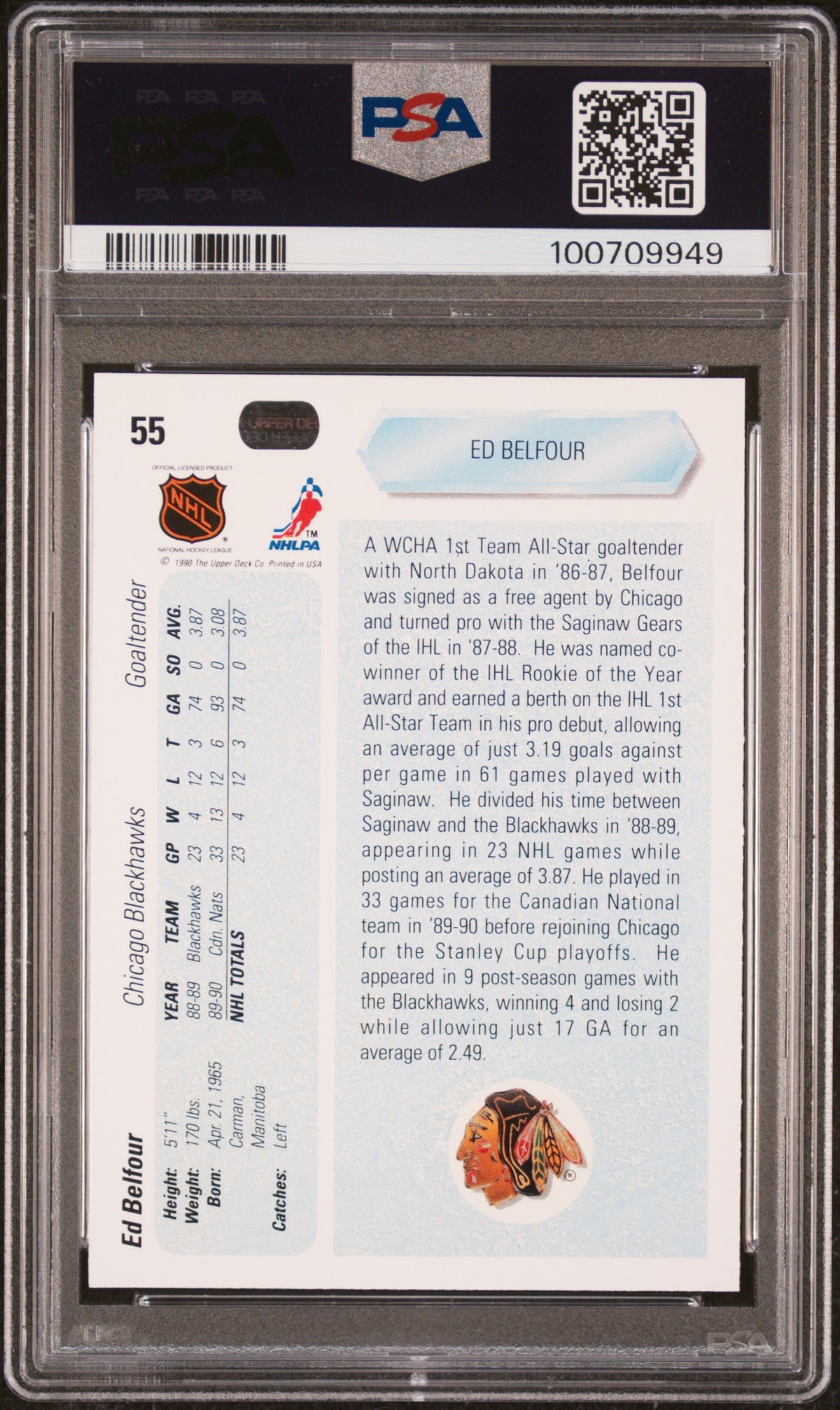 Ed Belfour 1990 Upper Deck Chicago Blackhawks Hockey Rookie Card RC #55 Graded PSA 10 Cert #100709949