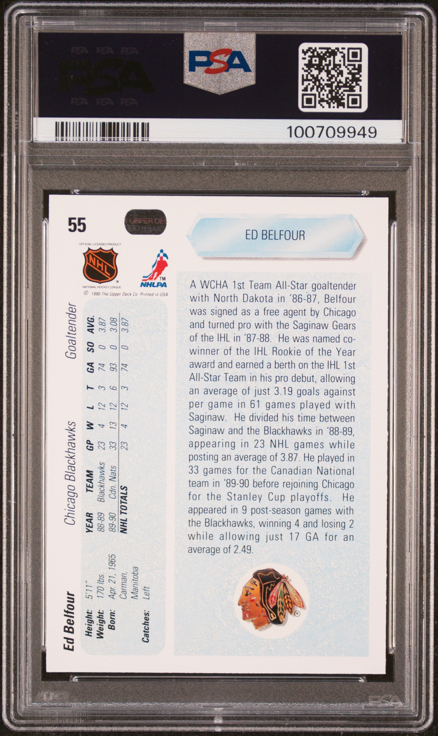 Ed Belfour 1990 Upper Deck Chicago Blackhawks Hockey Rookie Card RC #55 Graded PSA 10 Cert #100709949-Powers Sports Memorabilia