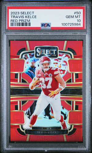 Travis Kelce 2023 Select Red Prizm Football Card #50 Graded PSA 10 47/99-Powers Sports Memorabilia