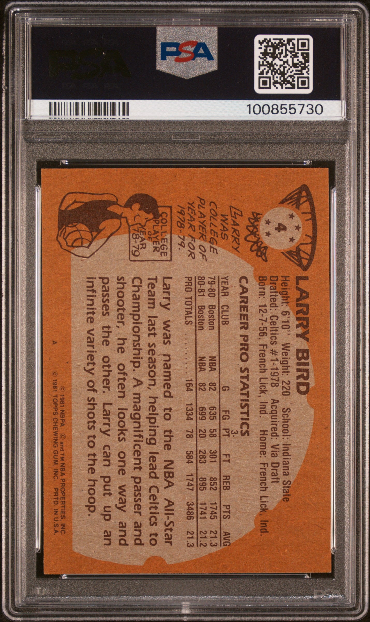 Larry Bird 1981 Topps Signed Basketball Card #4 Auto PSA 100855730-Powers Sports Memorabilia