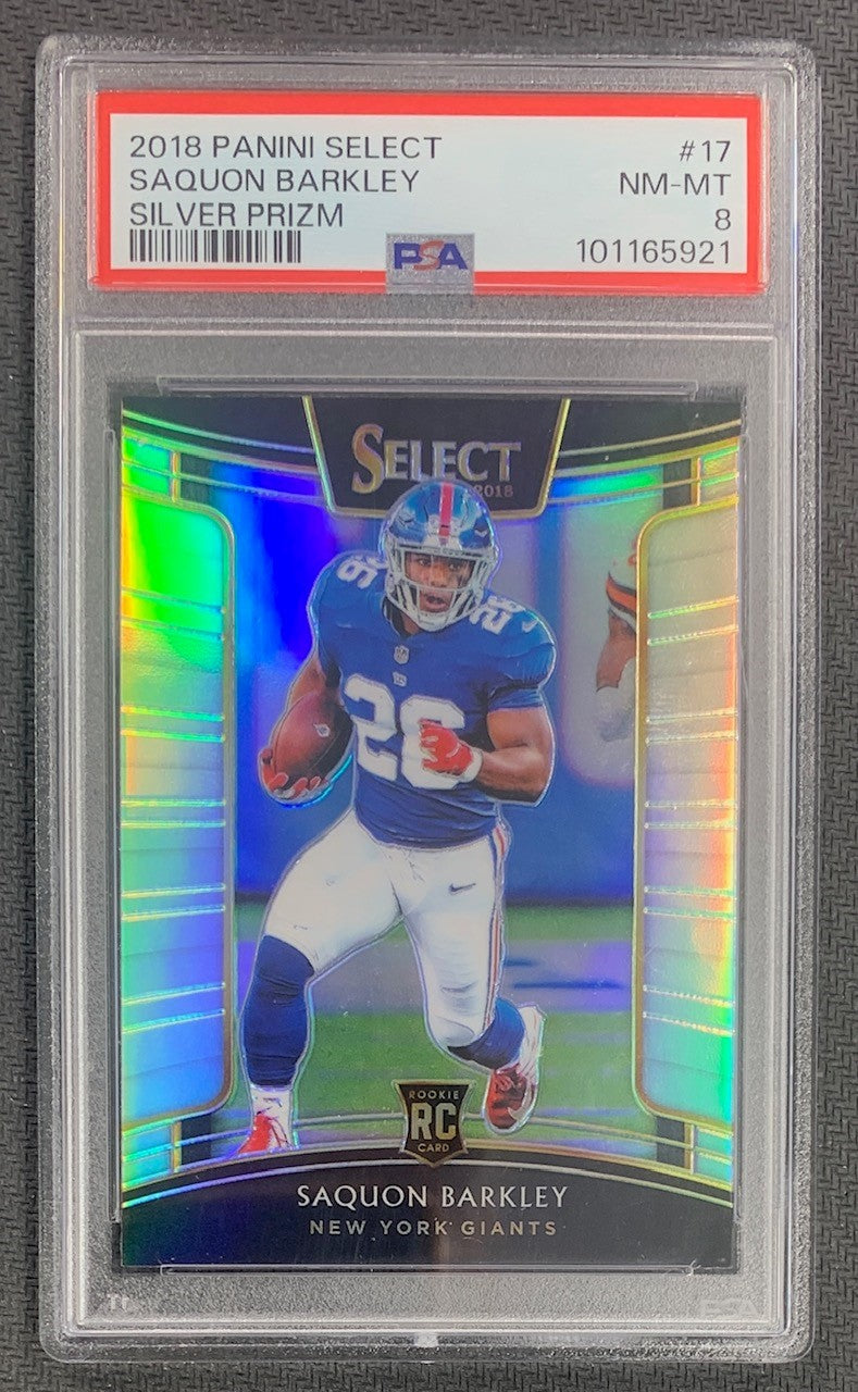 Saquon Barkley 2018 Panini Select Silver Prizm Football Rookie Card #17 Graded PSA 8-Powers Sports Memorabilia