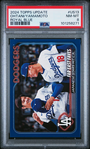 Shohei Ohtani Yoshinobu Yamamoto 2024 Topps Update Los Angeles Dodgers Royal Blue Baseball Card #US13 Graded PSA 8 Cert #101258271-Powers Sports Memorabilia