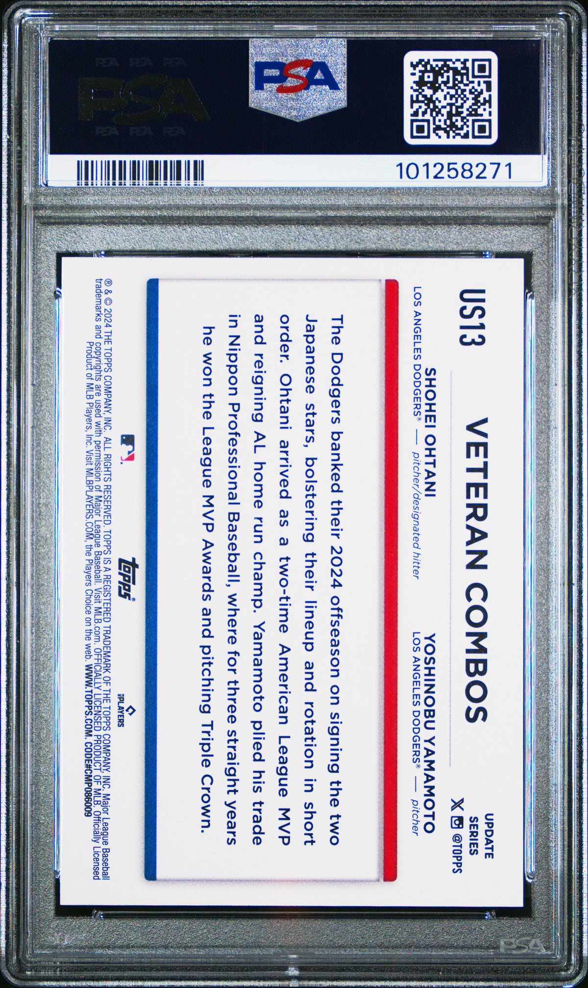 Shohei Ohtani Yoshinobu Yamamoto 2024 Topps Update Los Angeles Dodgers Royal Blue Baseball Card #US13 Graded PSA 8 Cert #101258271-Powers Sports Memorabilia