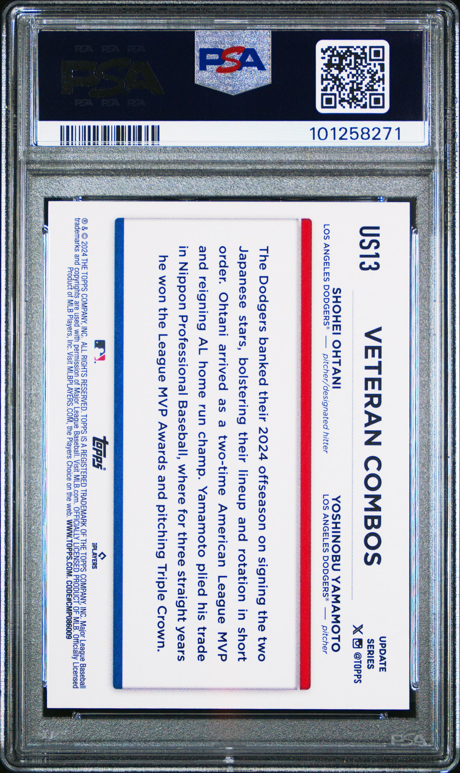 Shohei Ohtani Yoshinobu Yamamoto 2024 Topps Update Los Angeles Dodgers Royal Blue Baseball Card #US13 Graded PSA 8 Cert #101258271-Powers Sports Memorabilia