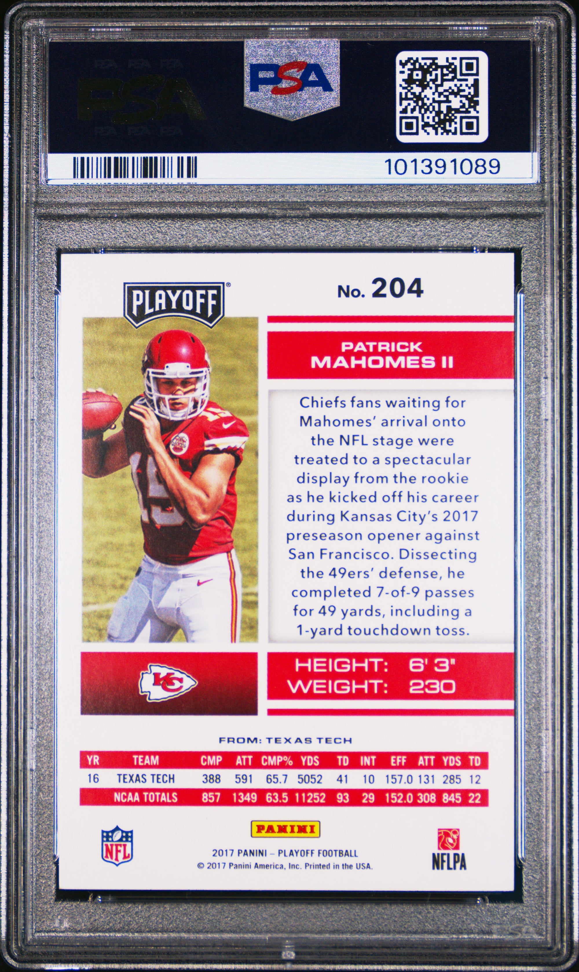 Patrick Mahomes 2017 Panini Playoff Football Rookie Card #204 Graded PSA 7-Powers Sports Memorabilia