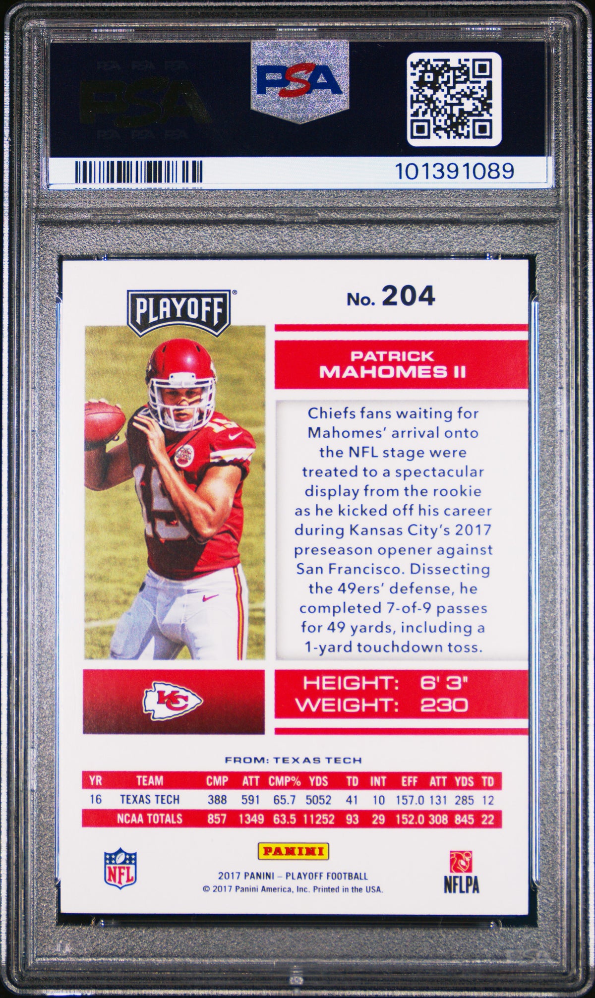 Patrick Mahomes 2017 Panini Playoff Football Rookie Card #204 Graded PSA 7