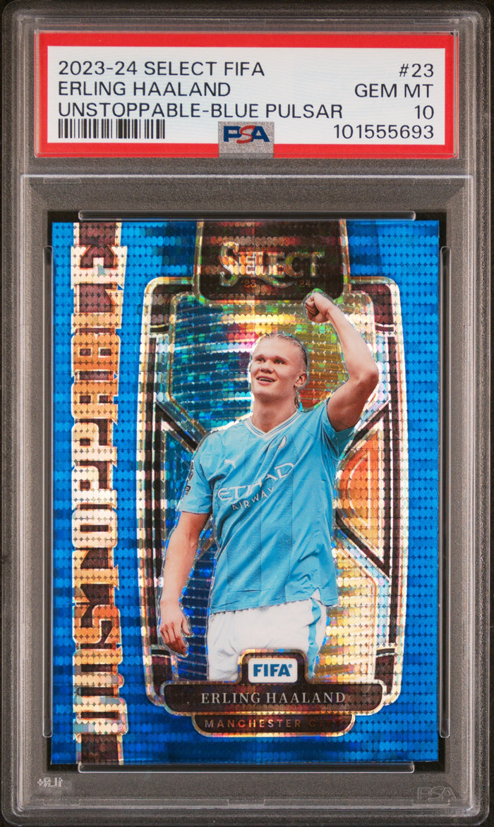 Erling Haaland 2023 Panini Select Blue Pulsar Card 23 PSA 10-Powers Sports Memorabilia