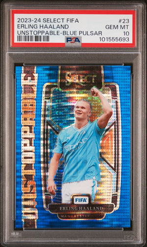 Erling Haaland 2023 Panini Select Blue Pulsar Card 23 PSA 10