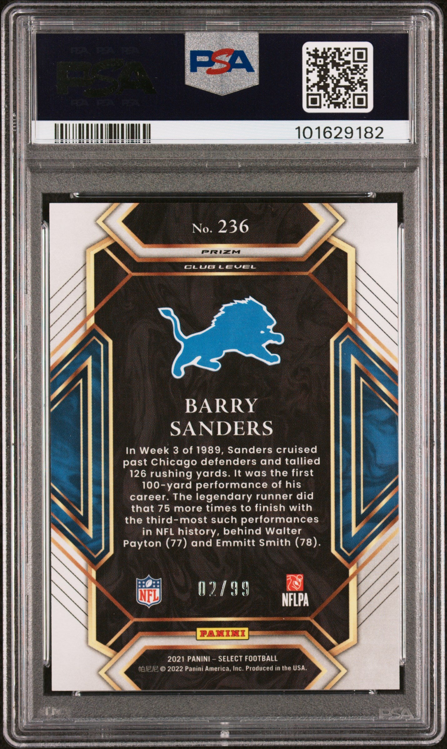 Barry Sanders 2021 Panini Select Blue Prizm Card #236 Auto Graded PSA 9 2/99-Powers Sports Memorabilia