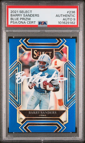 Barry Sanders 2021 Panini Select Blue Prizm Card #236 Auto Graded PSA 9 2/99-Powers Sports Memorabilia