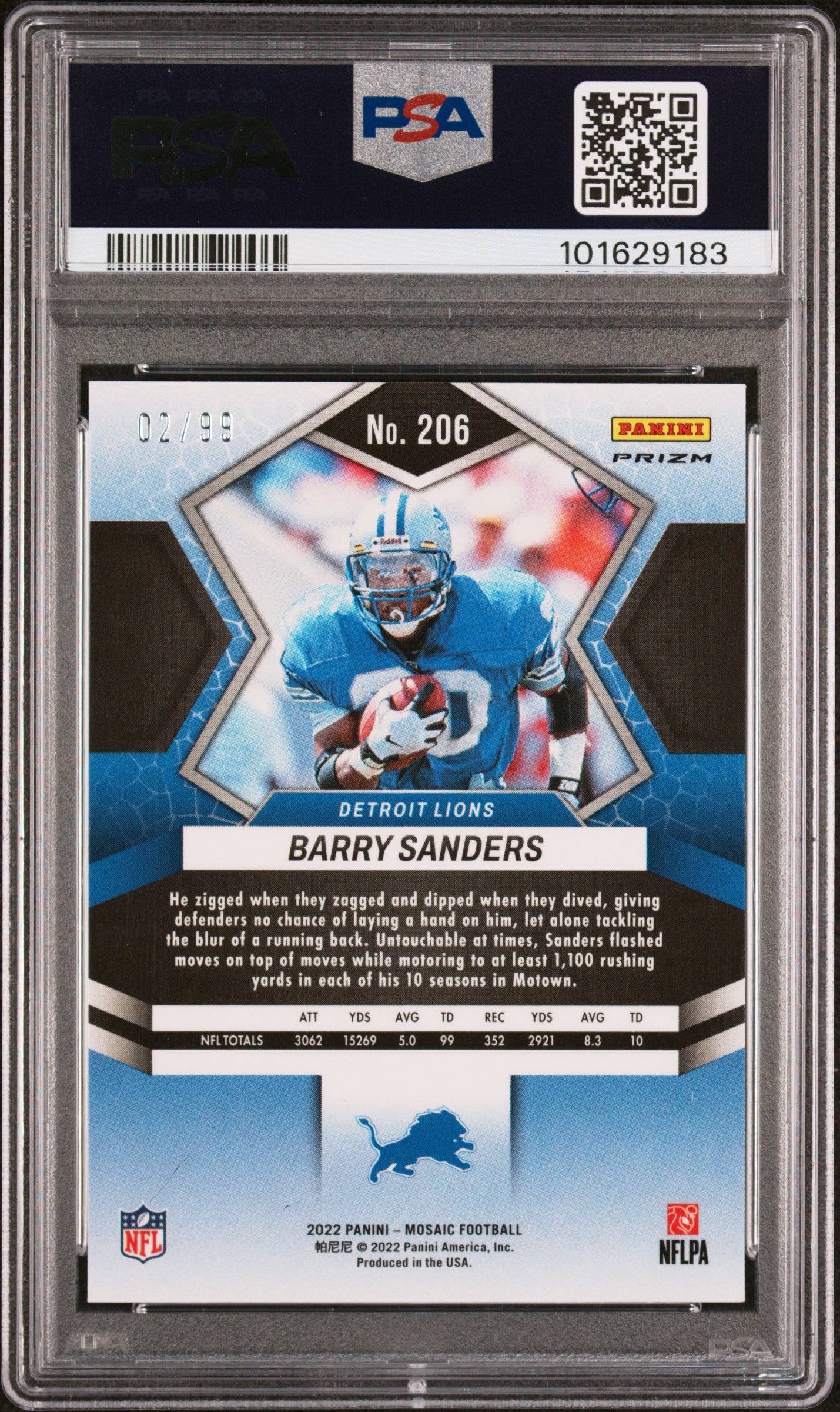 Barry Sanders 2022 Panini Mosaic Blue Card #206 Auto Graded PSA 10 2/99-Powers Sports Memorabilia