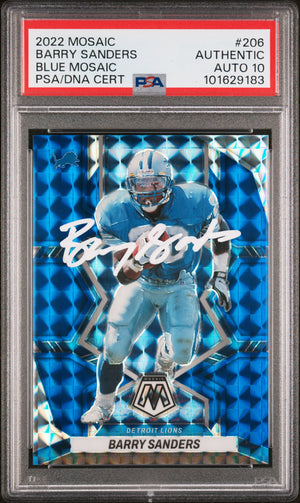 Barry Sanders 2022 Panini Mosaic Blue Card #206 Auto Graded PSA 10 2/99-Powers Sports Memorabilia