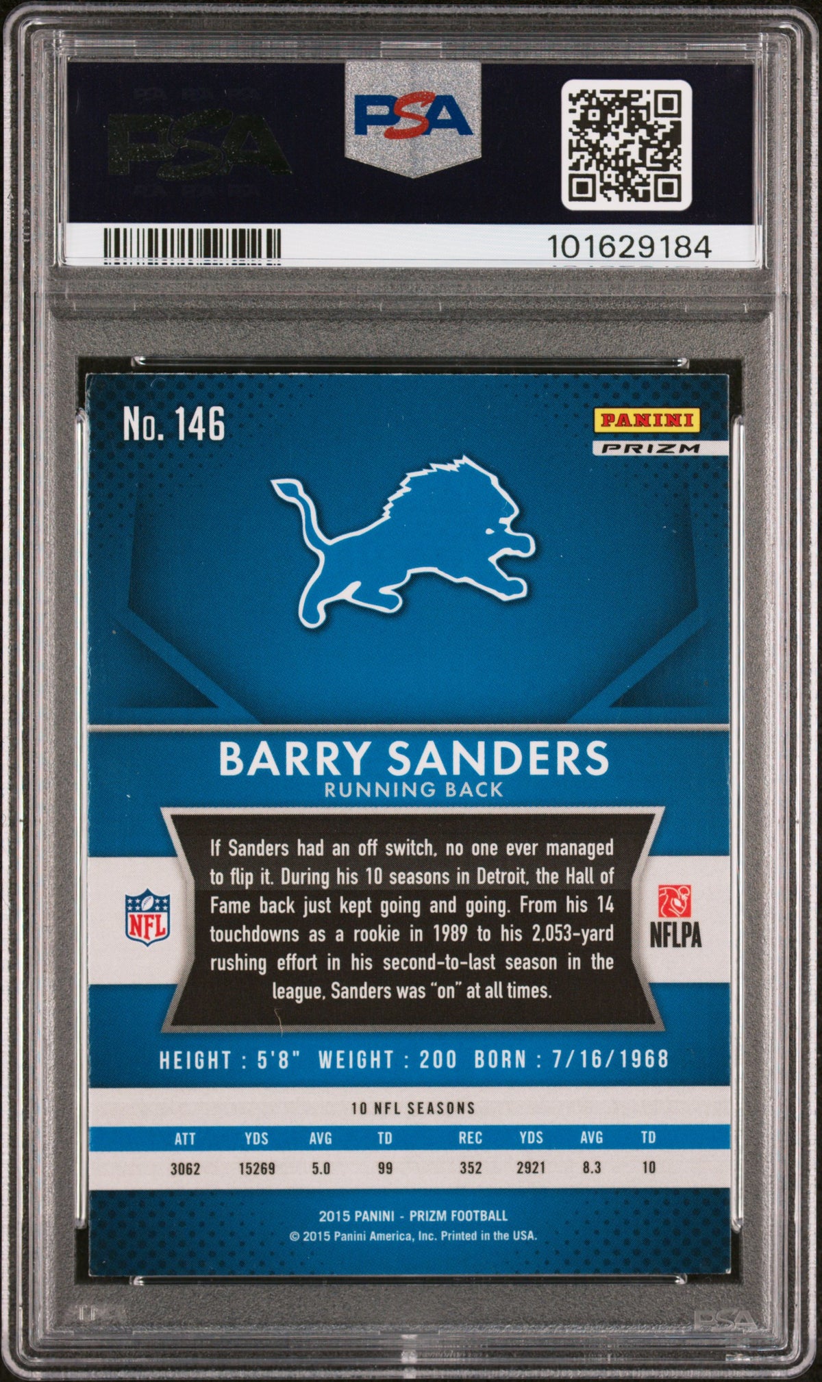 Barry Sanders 2015 Panini Prizm Blue Football Card #146 Auto Graded PSA 10 9184-Powers Sports Memorabilia