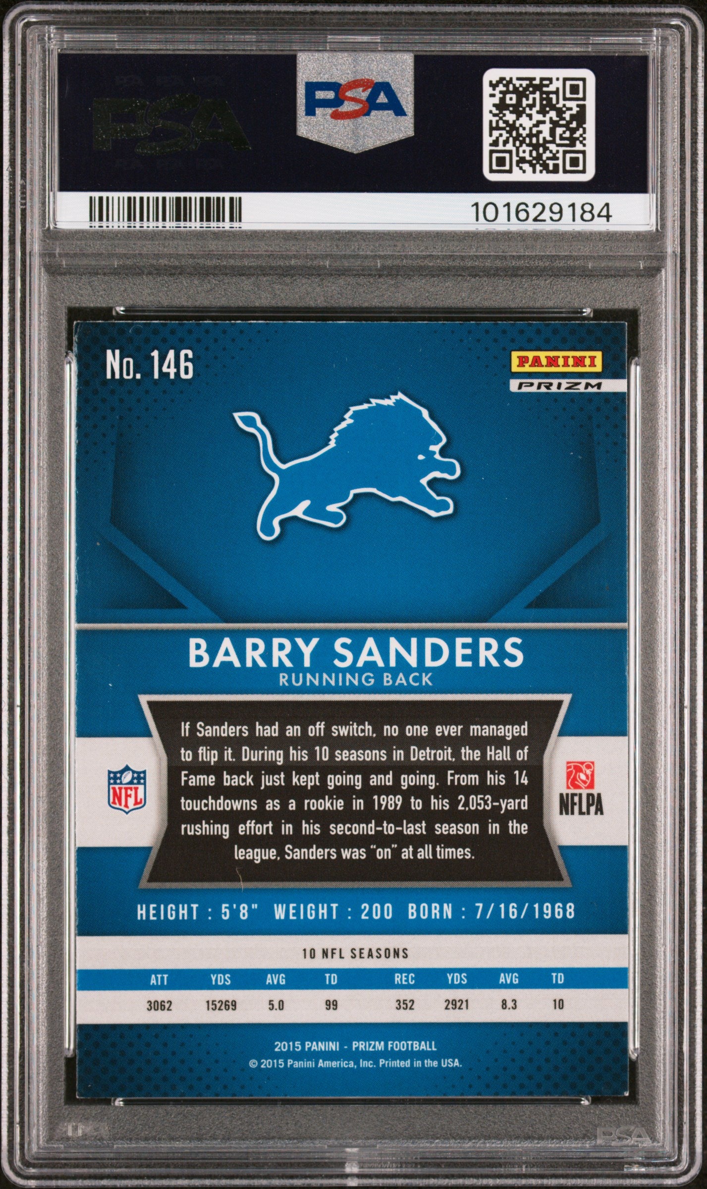 Barry Sanders 2015 Panini Prizm Blue Football Card #146 Auto Graded PSA 10 9184-Powers Sports Memorabilia