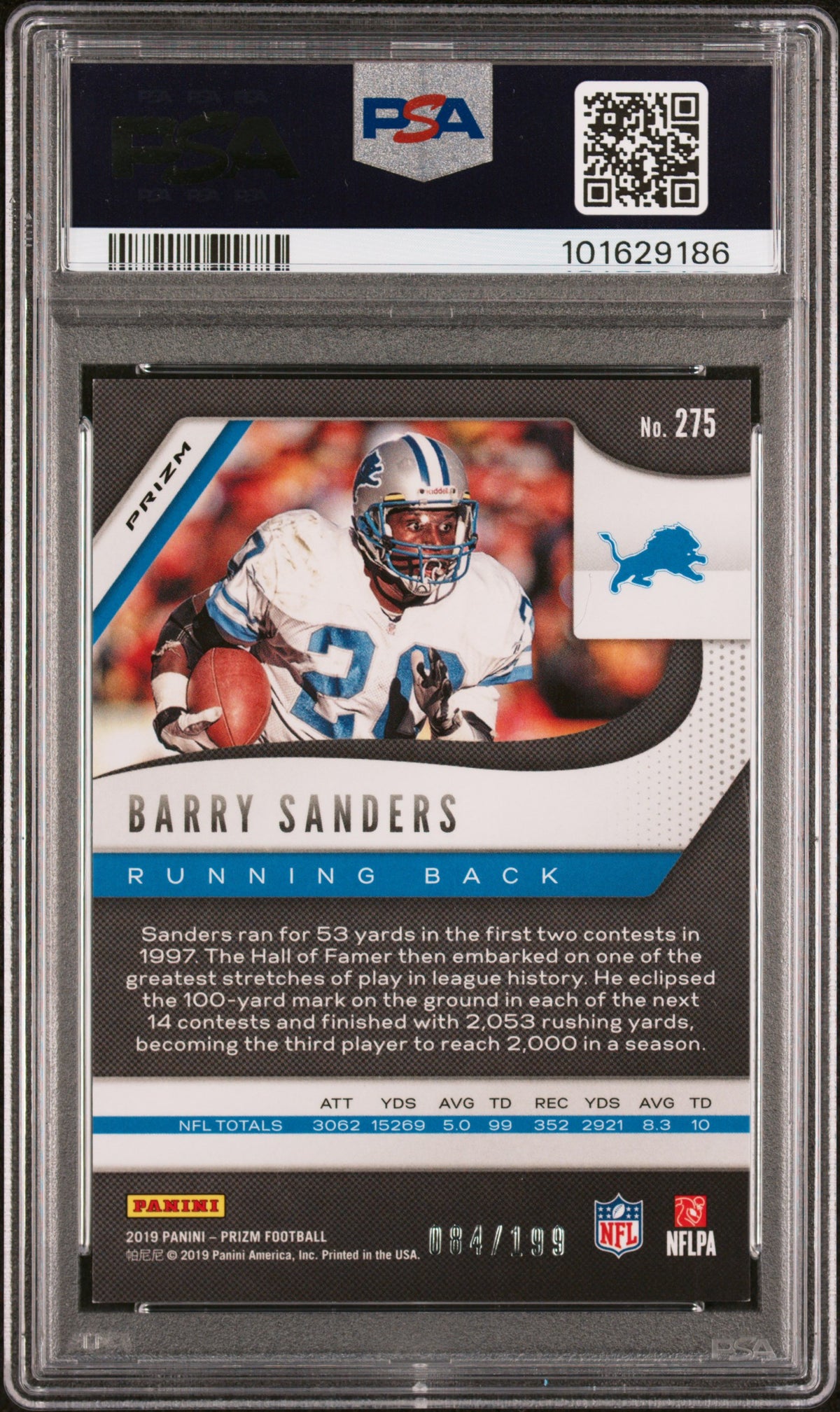 Barry Sanders 2019 Panini Prizm Blue Wave Card #275 Auto Graded PSA 10 84/199-Powers Sports Memorabilia