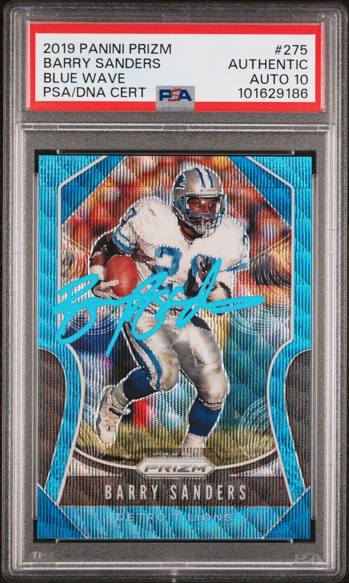 Barry Sanders 2019 Panini Prizm Blue Wave Card #275 Auto Graded PSA 10 84/199-Powers Sports Memorabilia