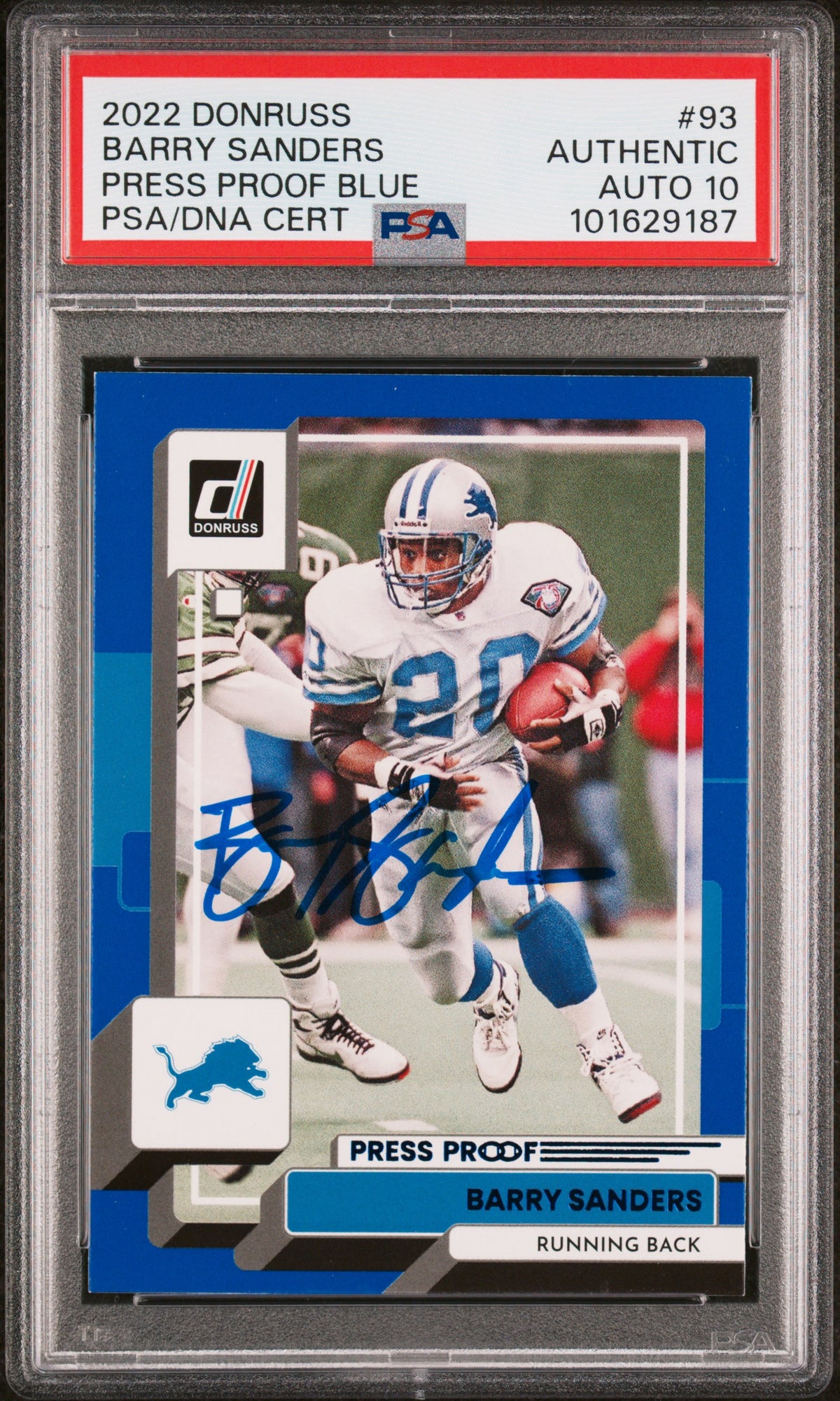 Barry Sanders 2022 Panini Donruss Press Proof Blue Card #93 Auto Graded PSA 10-Powers Sports Memorabilia