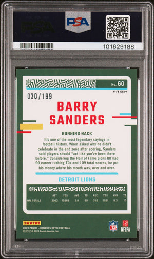 Barry Sanders 2023 Panini Donruss Optic Blue Card #60 Auto Graded PSA 10 30/199-Powers Sports Memorabilia