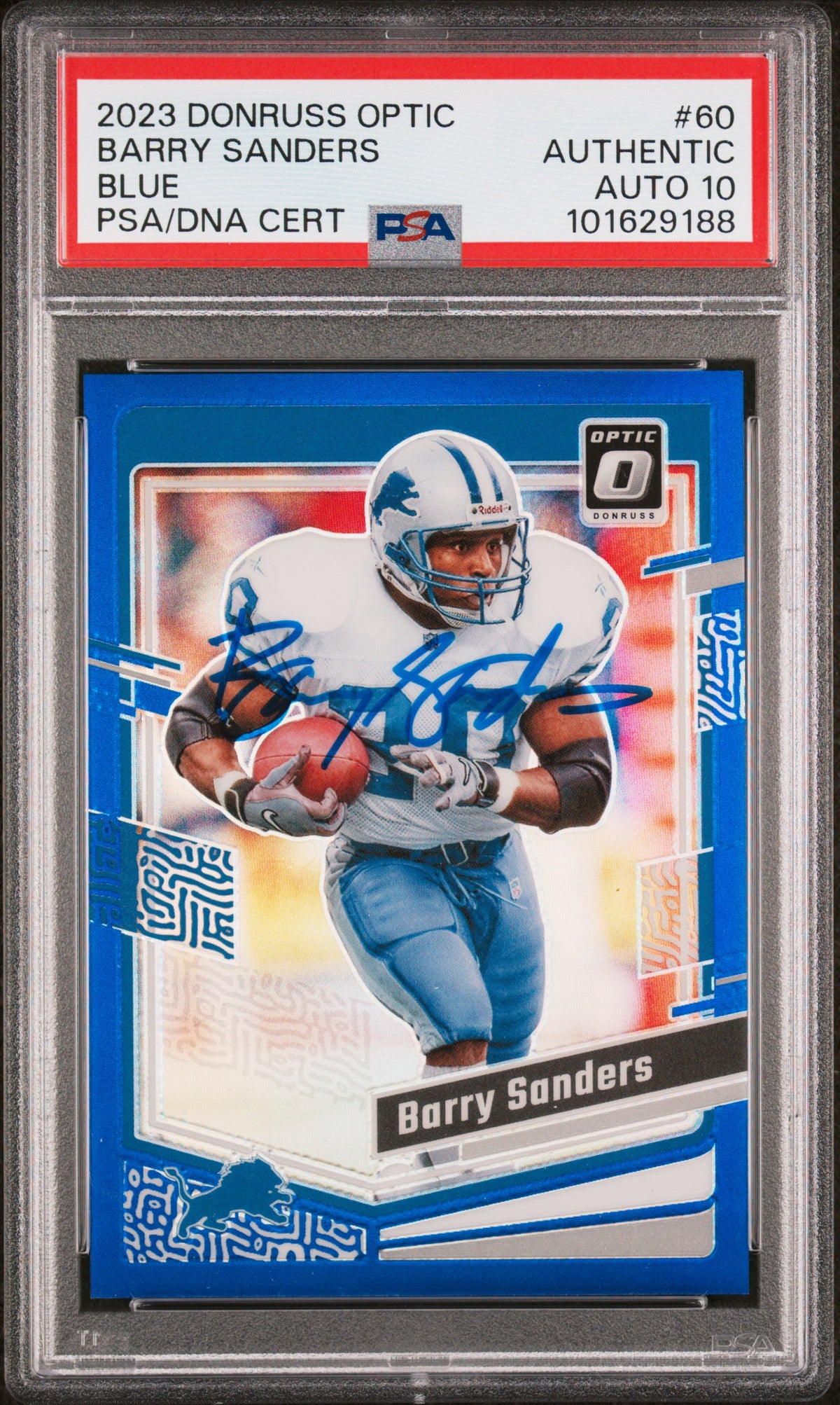 Barry Sanders 2023 Panini Donruss Optic Blue Card #60 Auto Graded PSA 10 30/199-Powers Sports Memorabilia