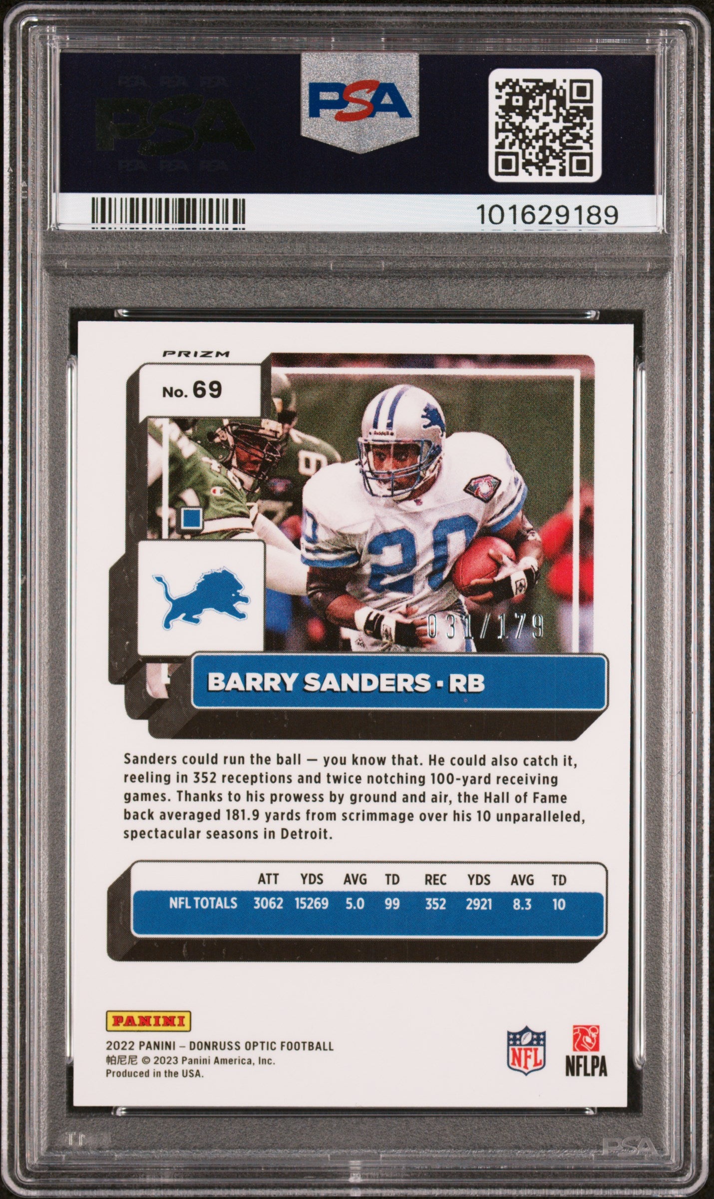 Barry Sanders 2022 Panini Donruss Optic Blue Card #69 Auto Graded PSA 9 31/179-Powers Sports Memorabilia