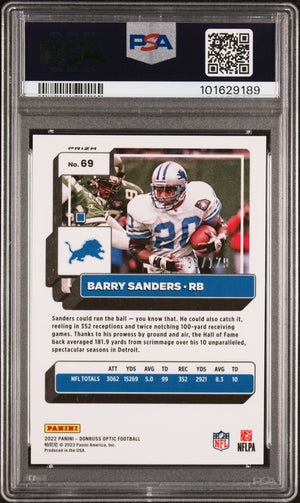 Barry Sanders 2022 Panini Donruss Optic Blue Card #69 Auto Graded PSA 9 31/179-Powers Sports Memorabilia