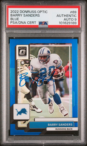 Barry Sanders 2022 Panini Donruss Optic Blue Card #69 Auto Graded PSA 9 31/179-Powers Sports Memorabilia