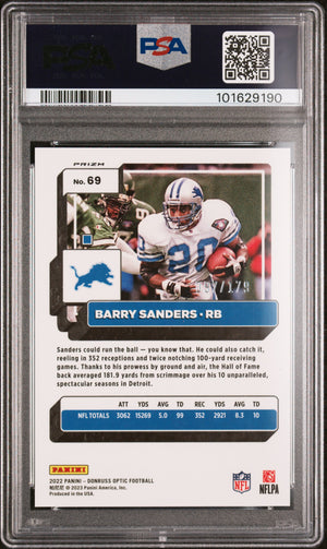 Barry Sanders 2022 Panini Donruss Optic Blue Card #69 Auto Graded PSA 9 97/179-Powers Sports Memorabilia