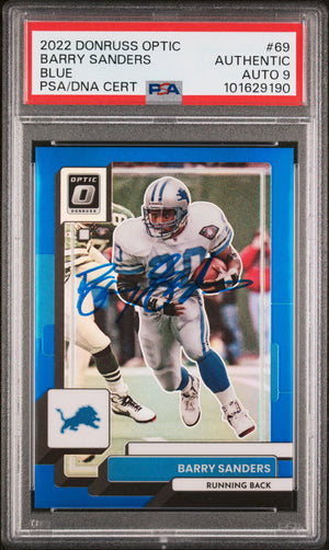 Barry Sanders 2022 Panini Donruss Optic Blue Card #69 Auto Graded PSA 9 97/179-Powers Sports Memorabilia