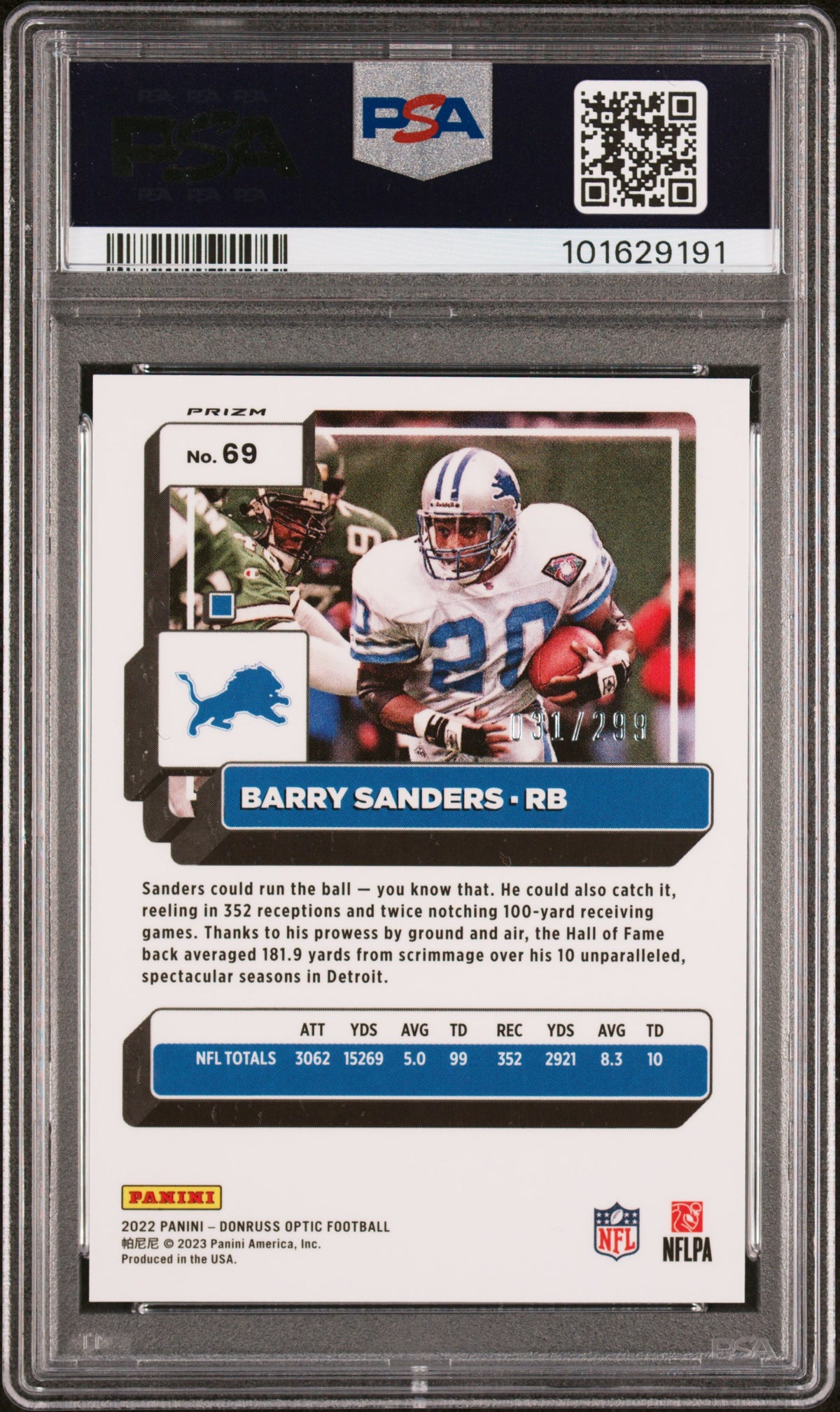 Barry Sanders 2022 Panini Donruss Optic Aqua Blue Card #69 Auto PSA 9 31/299-Powers Sports Memorabilia