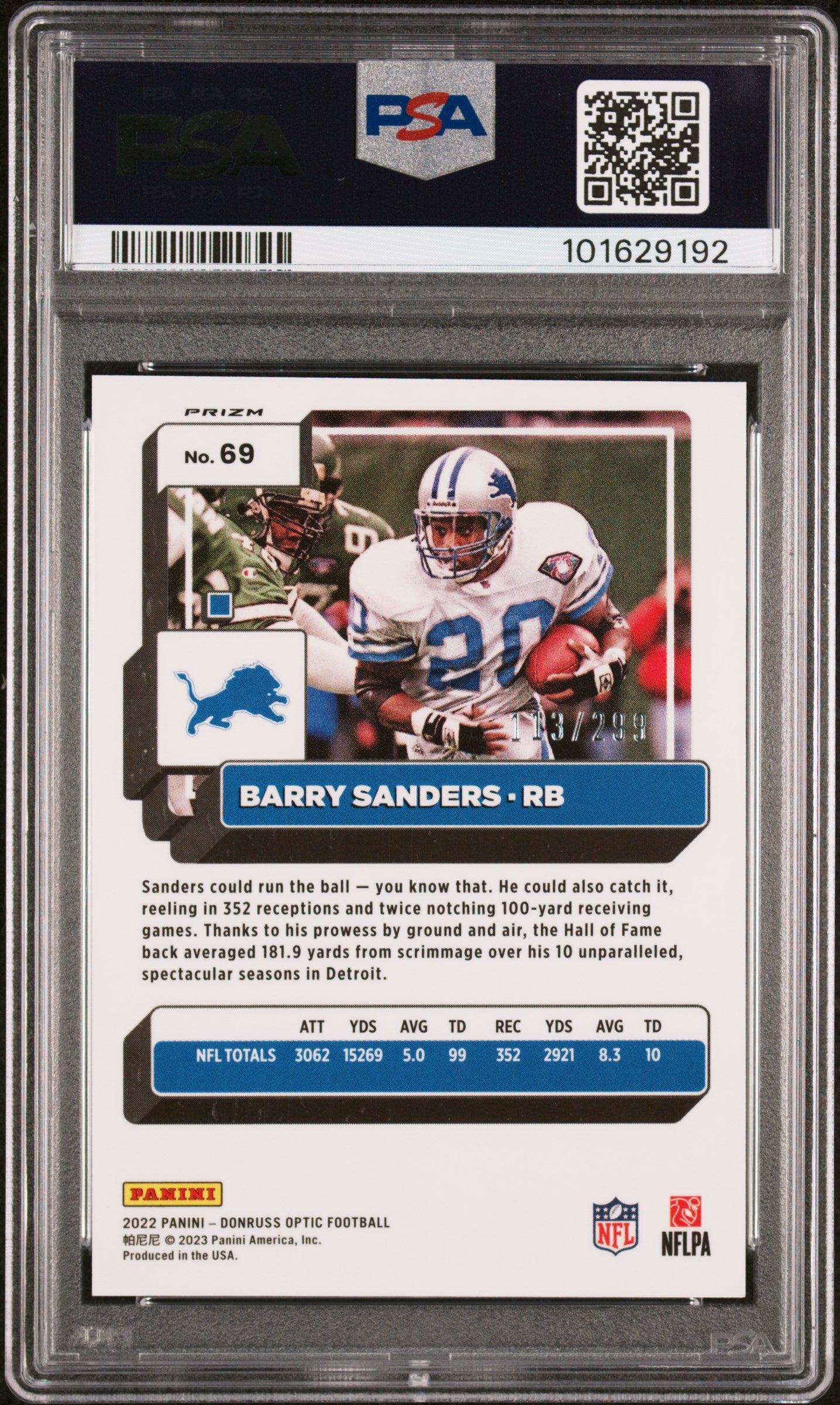 Barry Sanders 2022 Panini Donruss Optic Aqua Blue Card #69 Auto PSA 8 113/299-Powers Sports Memorabilia