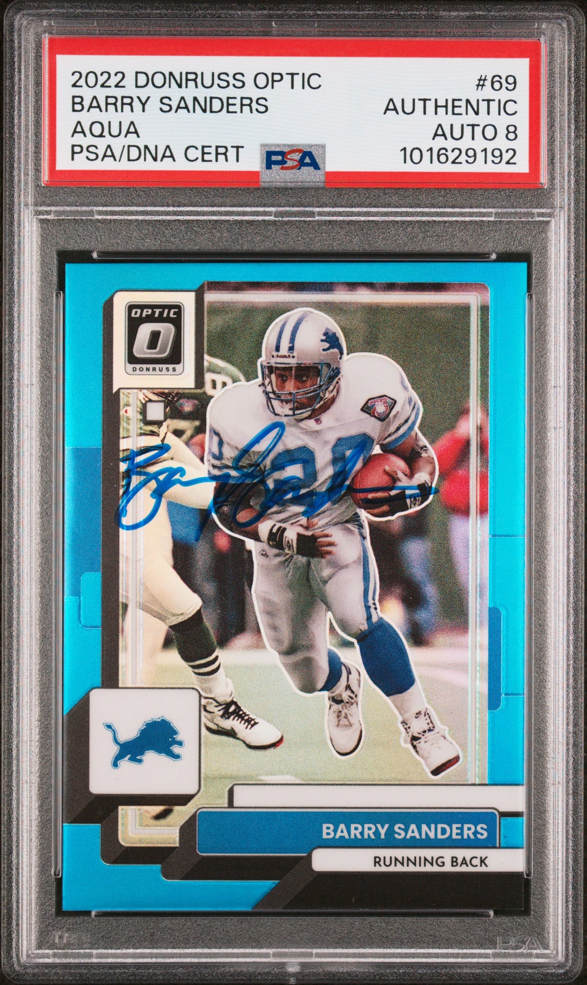 Barry Sanders 2022 Panini Donruss Optic Aqua Blue Card #69 Auto PSA 8 113/299-Powers Sports Memorabilia