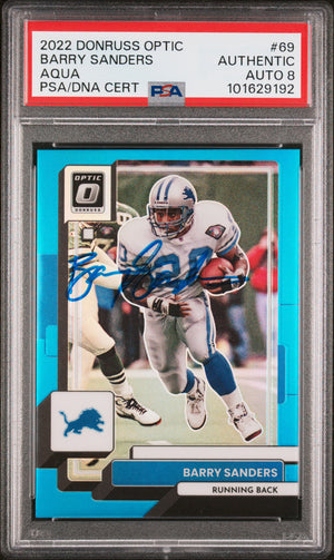 Barry Sanders 2022 Panini Donruss Optic Aqua Blue Card #69 Auto PSA 8 113/299-Powers Sports Memorabilia