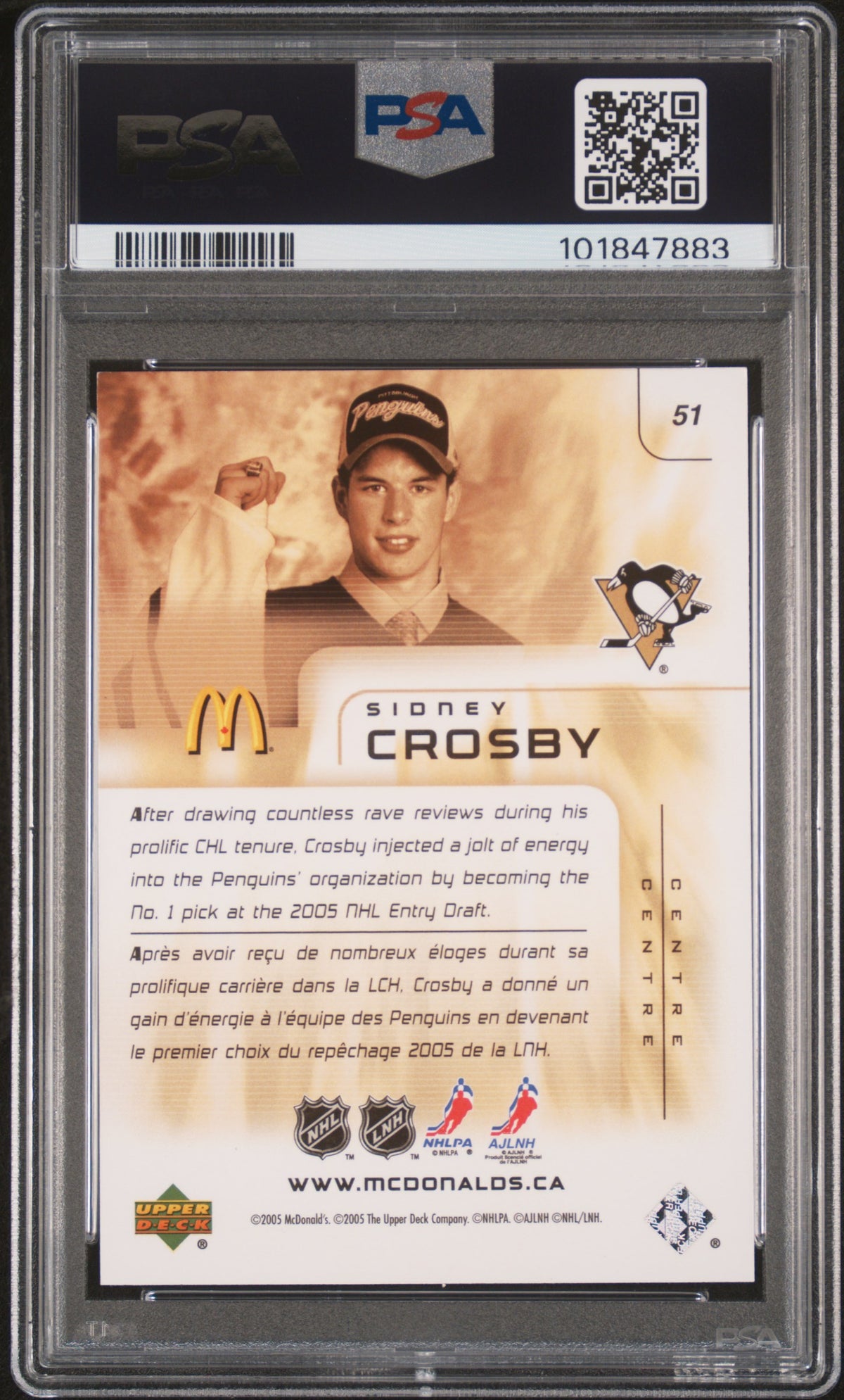Sidney Crosby 2005 Upper Deck McDonalds Hockey Rookie Card #51 Graded PSA 8 Cert #101847883-Powers Sports Memorabilia