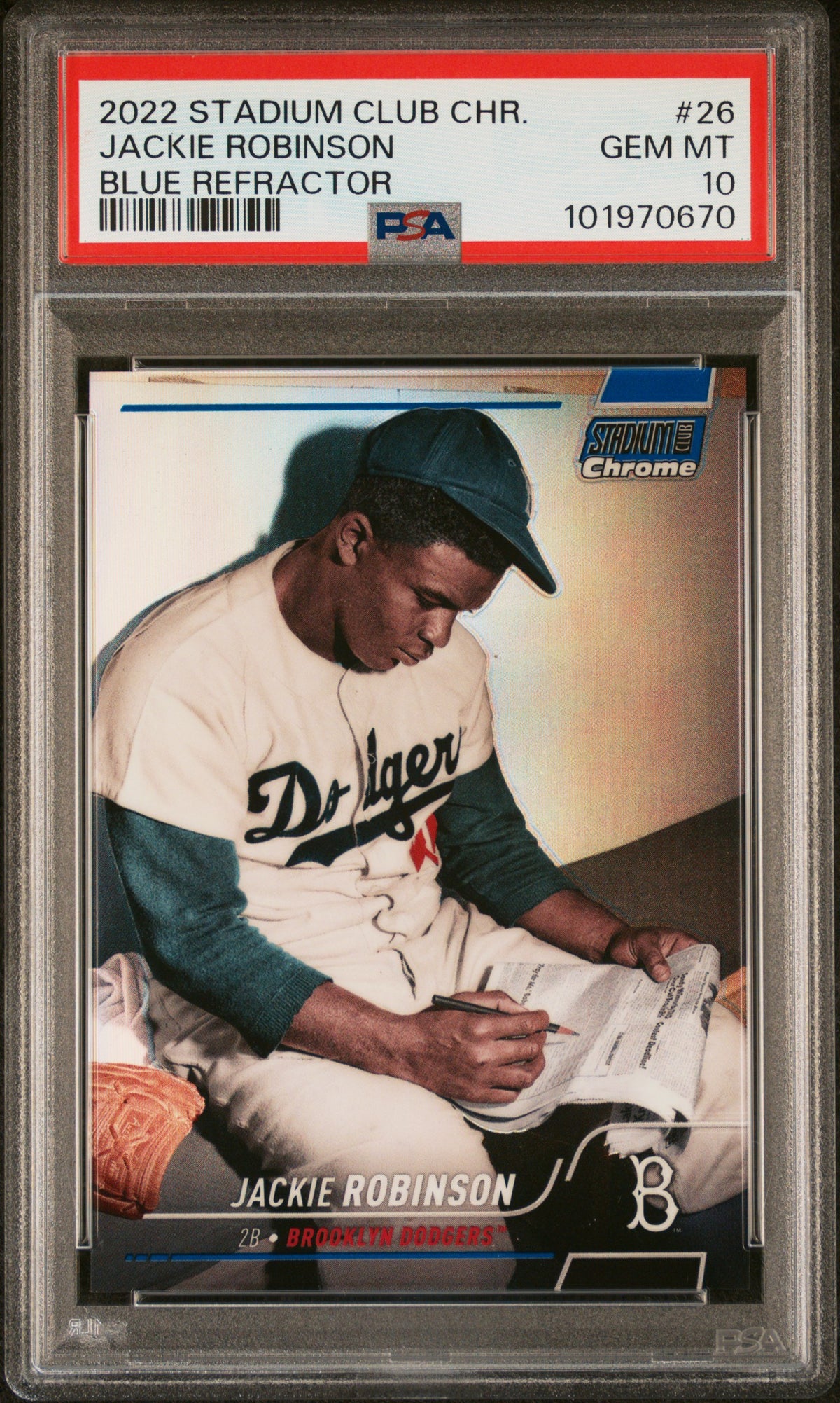 Jackie Robinson 2022 Topps Stadium Club Chrome Blue Refractor Card #26 Graded PSA 10 72/199-Powers Sports Memorabilia