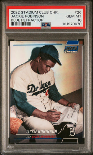 Jackie Robinson 2022 Topps Stadium Club Chrome Blue Refractor Card #26 Graded PSA 10 72/199-Powers Sports Memorabilia