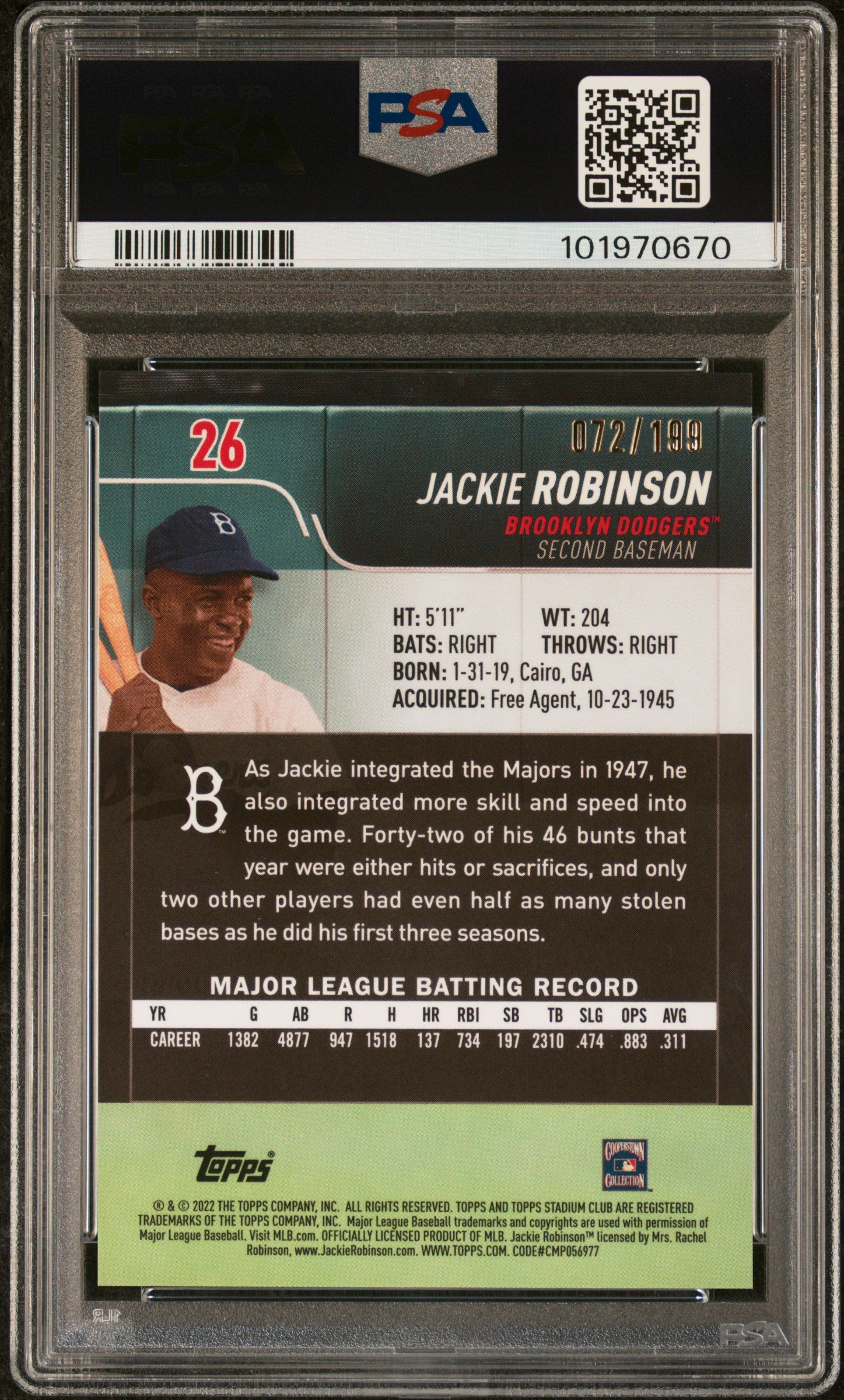 Jackie Robinson 2022 Topps Stadium Club Chrome Blue Refractor Card #26 Graded PSA 10 72/199-Powers Sports Memorabilia