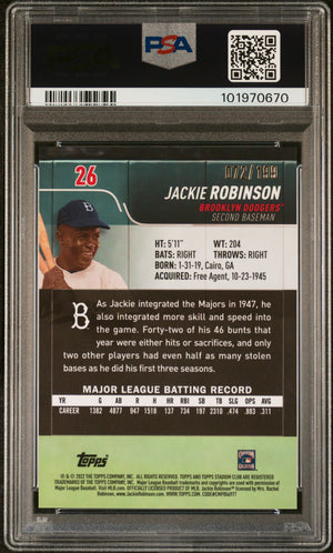 Jackie Robinson 2022 Topps Stadium Club Chrome Blue Refractor Card #26 Graded PSA 10 72/199-Powers Sports Memorabilia