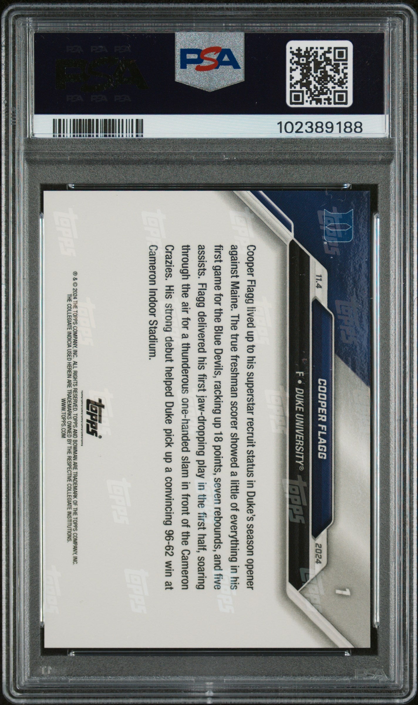 Cooper Flagg 2024 Bowman U Duke Debut Basketball Rookie Card #1 Graded PSA 10