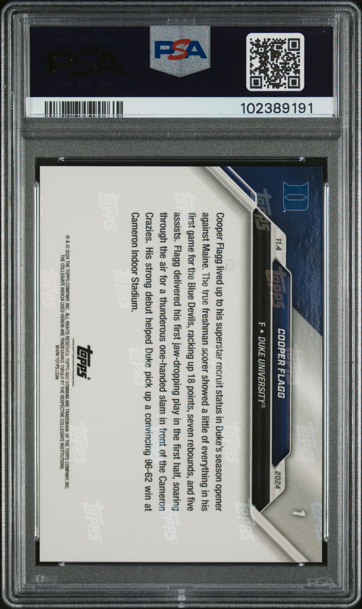 Cooper Flagg 2024 Bowman U Duke Debut Basketball Rookie Card #1 Graded PSA 9-Powers Sports Memorabilia