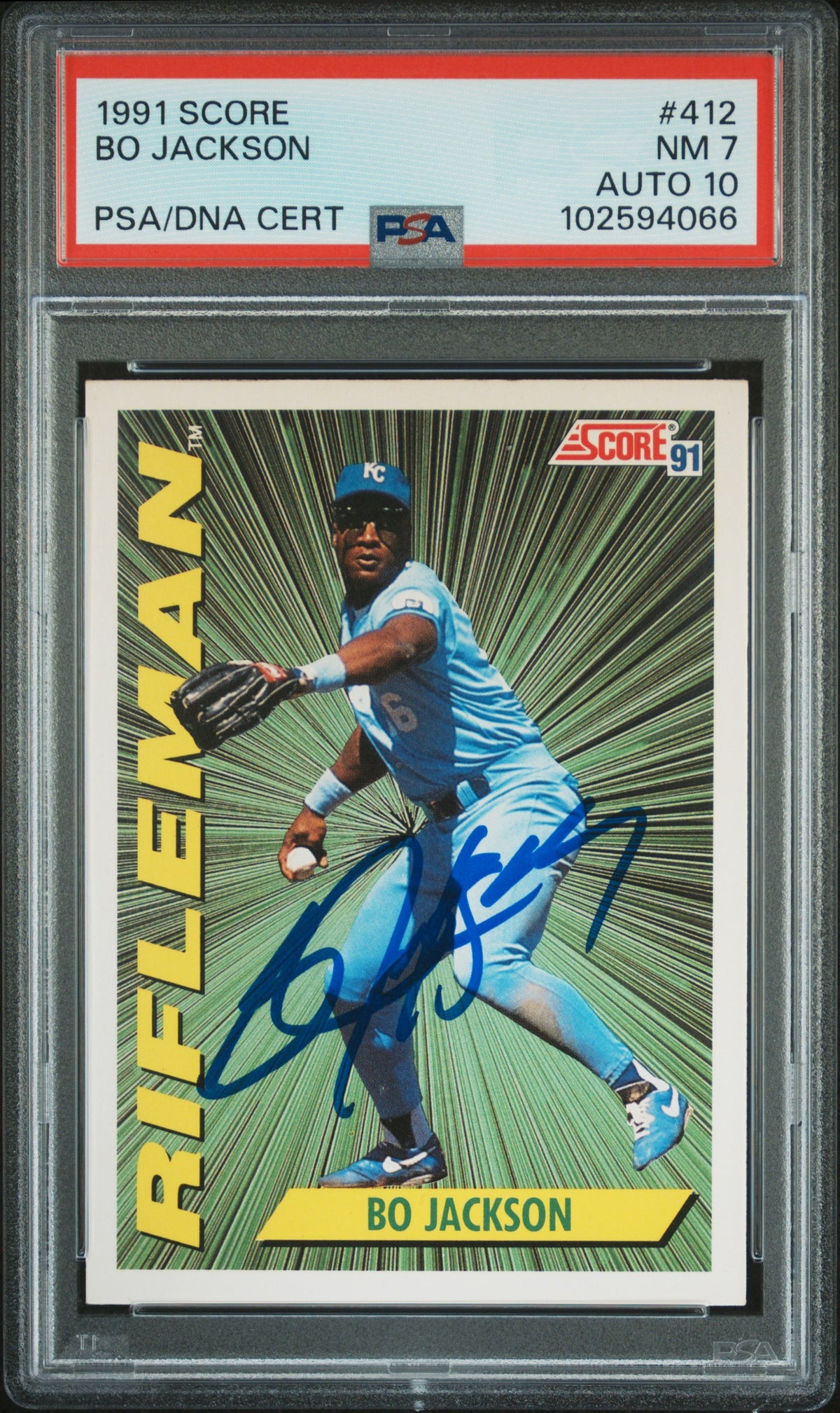 Bo Jackson 1991 Score Rifleman Signed Card #412 PSA 7 Auto 10
