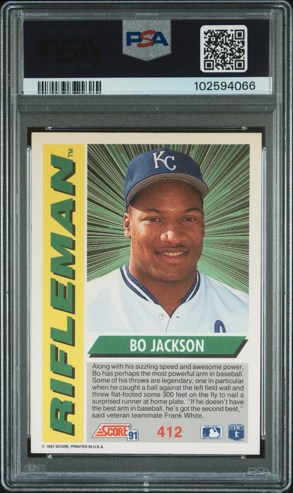 Bo Jackson 1991 Score Rifleman Signed Card #412 PSA 7 Auto 10