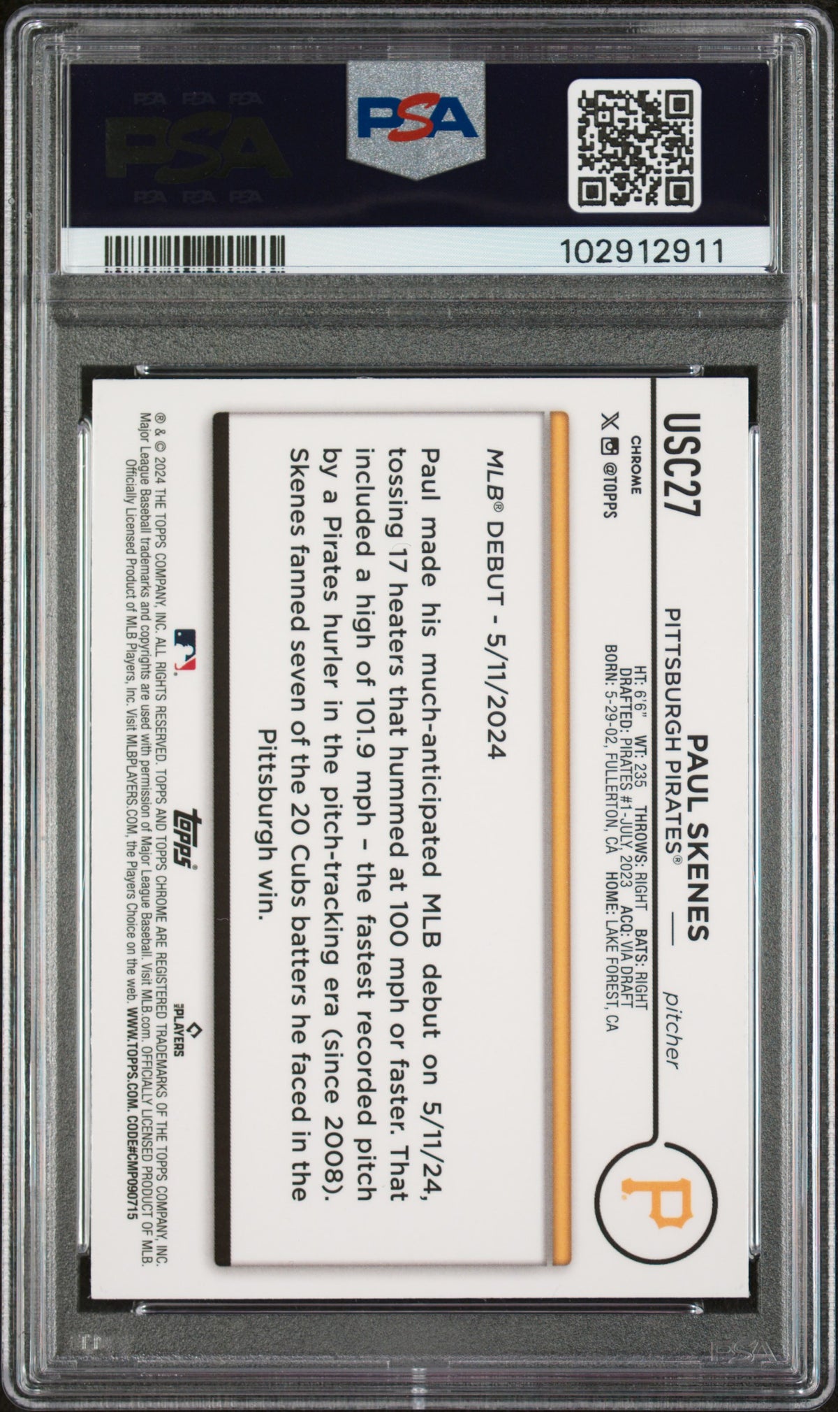Paul Skenes 2024 Topps Chrome Update Baseball Rookie Card #USC27 Graded PSA 10-Powers Sports Memorabilia