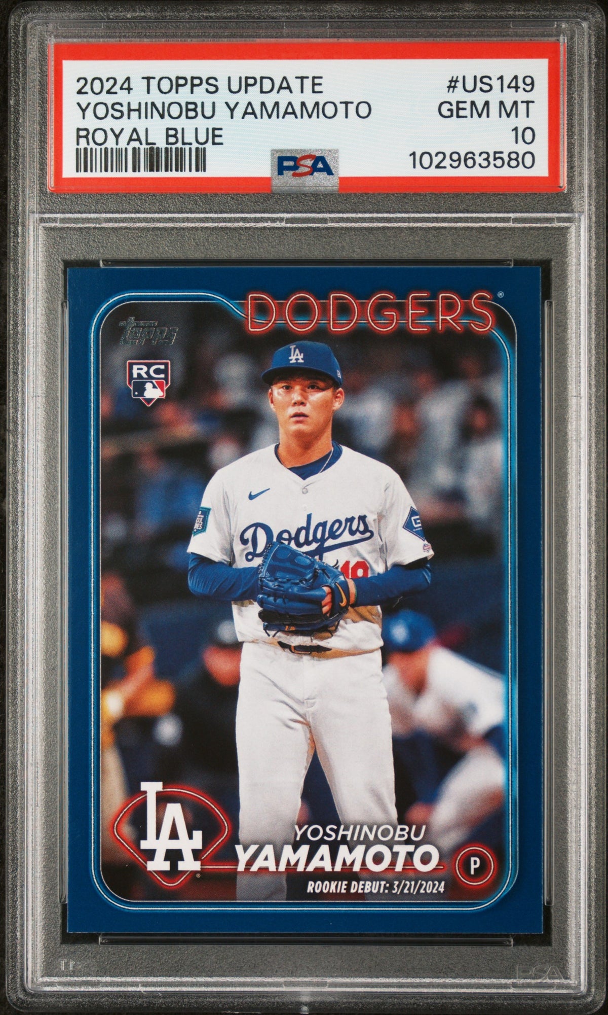 Yoshinobu Yamamoto 2024 Topps Update Royal Blue RC Rookie Card #US149 PSA 10
