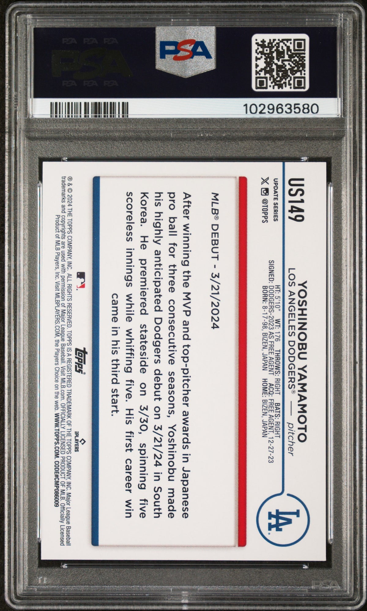 Yoshinobu Yamamoto 2024 Topps Update Royal Blue RC Rookie Card #US149 PSA 10